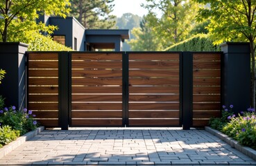 A modern wooden gate installed in a residential outdoor space with lush greenery and trees in the background