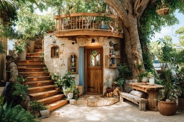 Enchanting Rustic Treehouse Surrounded by Lush Greenery, Featuring Wooden Steps, Cozy Outdoor Decor, and a Charming Entrance Doorway in a Serene Natural Setting
