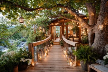 Fototapeta premium Enchanting Treehouse Retreat Surrounded by Lush Greenery and Twinkling Lanterns for a Cozy Outdoor Experience in Nature
