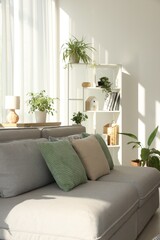 Stylish sofa and other furniture in living room, closeup. Interior design