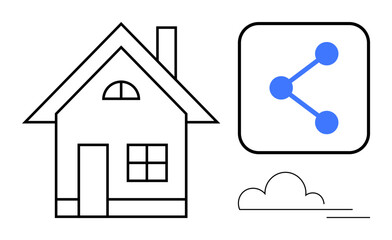 Black outline of a house, blue share icon, and cloud design. Ideal for real estate, networking, remote work, communication, digital marketing, sustainability and simple landing page
