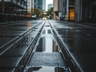 Urban Rain-Slicked Pavement Reflecting Cityscape