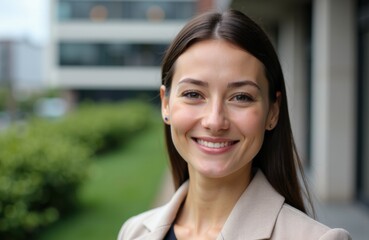 A woman smiling outdoors in a professional setting with greenery in the background