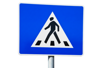 Blue square road sign indicating a pedestrian crosswalk isolated on a transparent background
