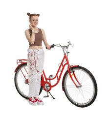 Teenage girl with red bicycle on white background