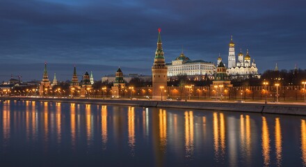 Moscow Kremlin Night: Majestic River Reflection
