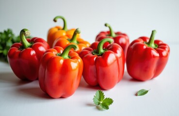 Colorful bell peppers arranged on a white surface with fresh herbs and leaves