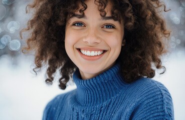 A woman with curly hair smiling warmly in a winter setting wearing a blue turtleneck sweater