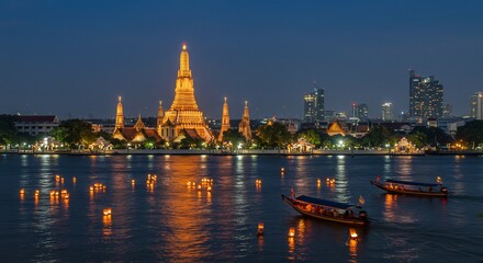 Obraz premium Enchanting Twilight: Wat Arun's Golden Glow on the Chao Phraya