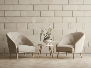 Beige Upholstered Armchairs in a Modern Living Room with Brick Wall