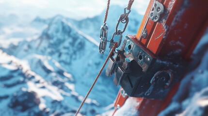 Close-up of ski binding mechanism on snowy mountaintop.
