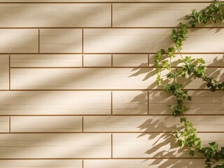 Light Beige Wooden Plank Wall with Climbing Ivy and Shadows