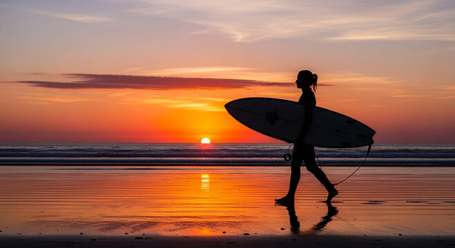 silhouette of a woman on the sunset Dramatic Sunset Beach Scene with a Person and a Surfboard