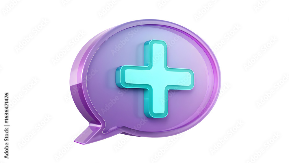 Poster 3d photorealistic lavender speech bubble with turquoise plus symbol isolated on a transparent backgr