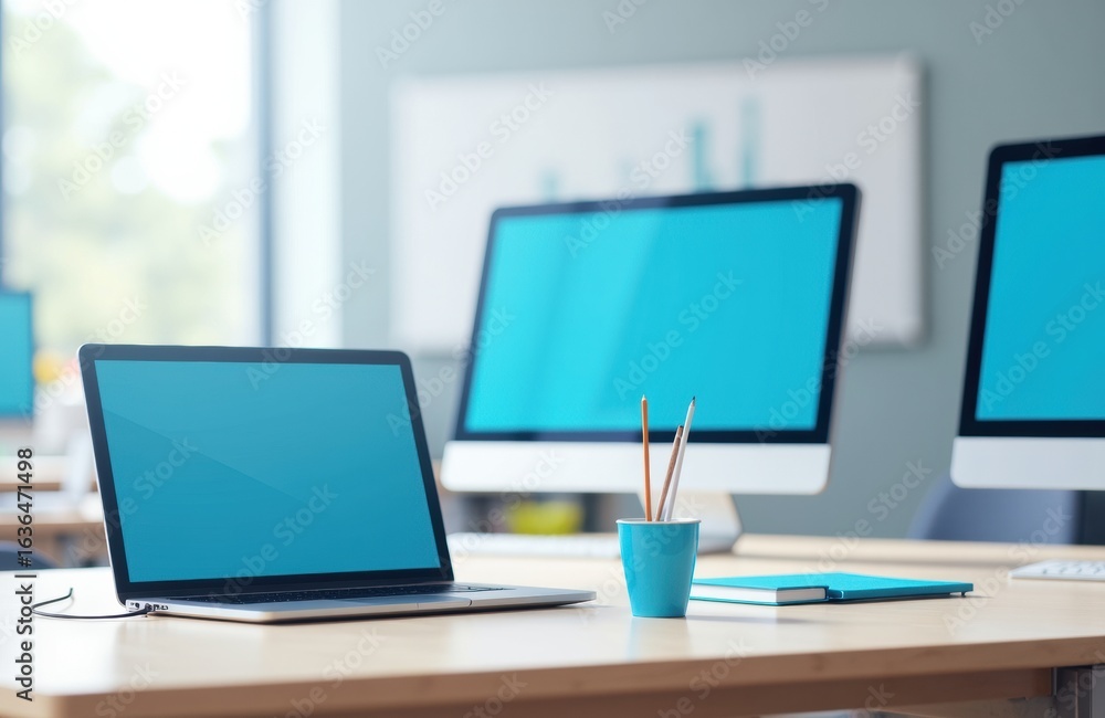 Poster modern workspace with laptops and desktop computers on a wooden desk