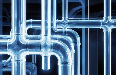 Illuminated blue pipes and tubes forming an intricate network in a modern industrial setting