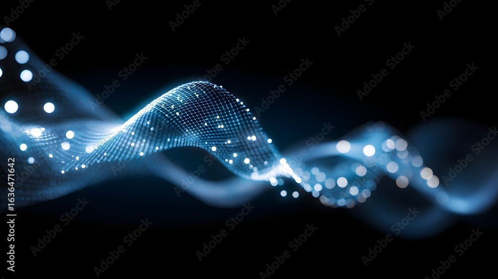 Poster abstract digital wave design with glowing particles.