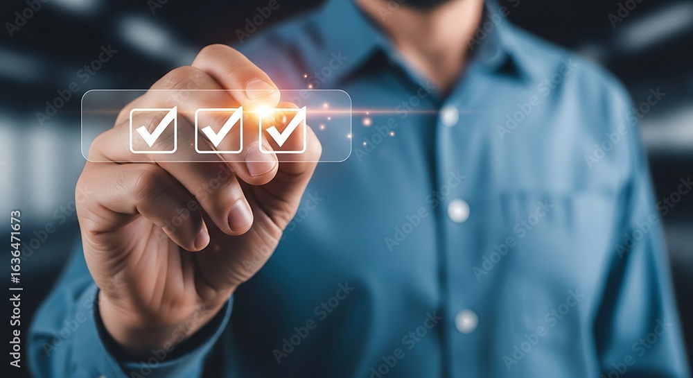 Aufkleber businessman checking off items on a digital checklist with a stylus, symbolizing task completion and