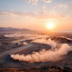 Fototapeta premium Expansive Desert Landscape at Dusk with Trails of Dust from Off-Road Vehicles, Offering a Serene Yet Adventurous Atmosphere in the Golden Hour Glow