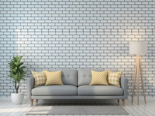 Modern Living Room with Light Gray Sofa and White Brick Wall