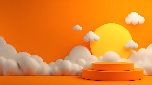 Orange podium with cartoon clouds and sun.
