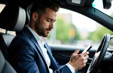 Man using smartphone inside a car while driving or parked