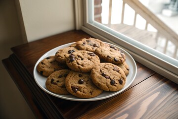Warm Overhead Photo of Chocolate Chip Cookies on White Plate Rustic Wooden Table Setting