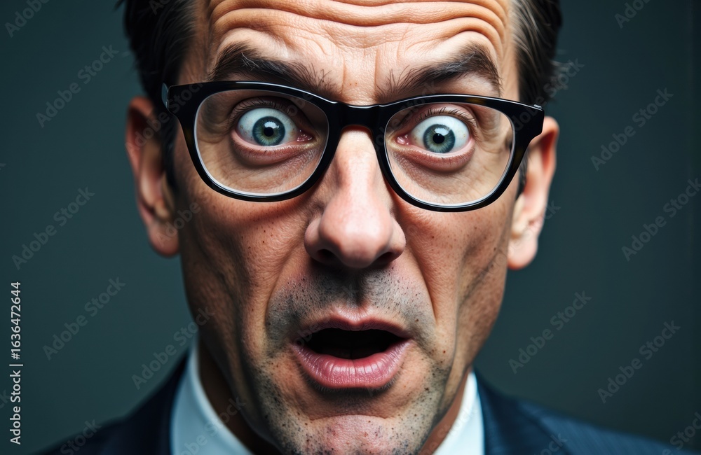 Poster man with surprised expression wearing glasses looking directly at the camera