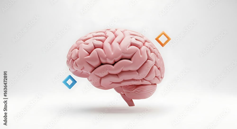 Poster anatomical model of a brain with two floating square shapes on a white background in a studio shot a