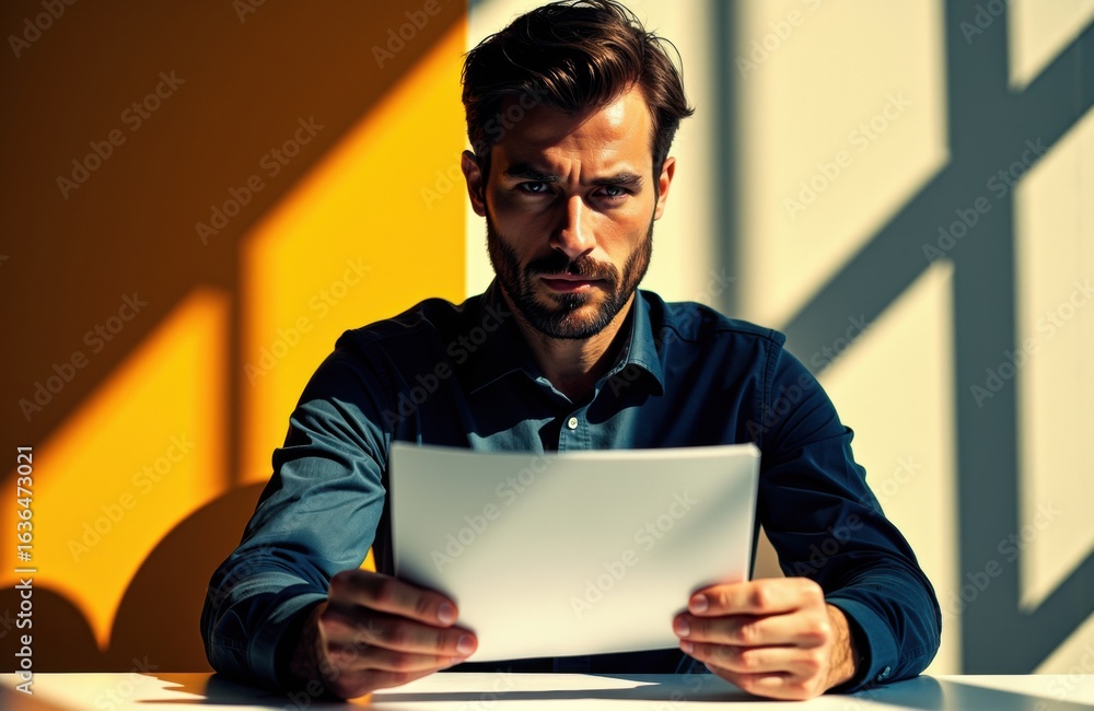 Poster man reading document in bright sunlight creating shadows and contrast