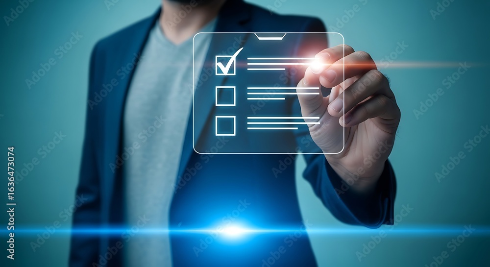 Poster businessman checking off a task on a digital checklist with a stylus, representing completion and su