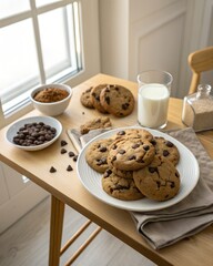 Warm Overhead Photo of Chocolate Chip Cookies on White Plate Rustic Wooden Table Setting