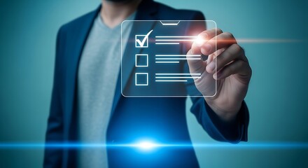 Businessman checking off a task on a digital checklist with a stylus, representing completion and success in business