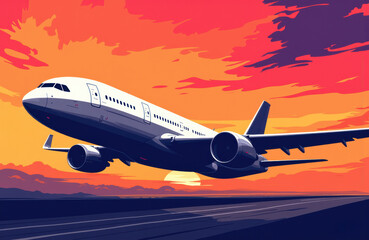Fototapeta premium A commercial airplane takes off during a vibrant sunset sky with orange and purple hues