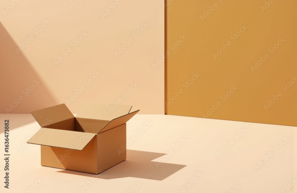 Poster open cardboard box placed on a flat surface with a minimalist background and soft shadows