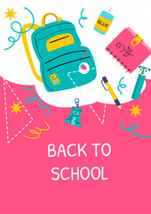 Colorful school supplies with backpack, notebook, and stationery elements. Educational back-to-school poster featuring books, pencils, and vibrant school items. Ideal for school promotions, seasonal s