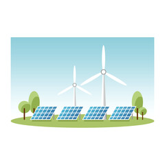 Illustration of solar panels and wind turbines on a green field, representing renewable energy sources against a blue sky.