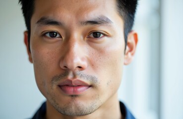 Obraz premium A close-up of a young Asian man with short black hair and clear skin looking directly at the camera