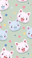 cute pastel cat faces seamless pattern with soft colors, adorable expressions, and kawaii-inspired illustration