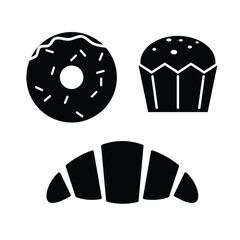 Set of cake black silhouette icons on white background, including donut, cupcake, and croissant , great for bakery logos, food packaging, restaurant menus, web, and app use.