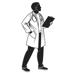 Isolated Black Silhouette of Doctor on White Background Medical Professional Vector Art