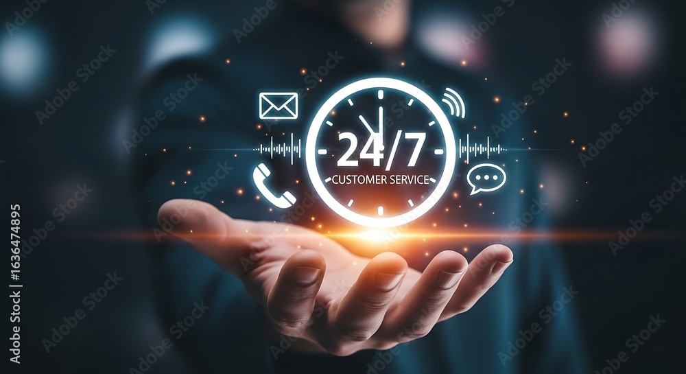 Poster customer service and support concept with 247 availability icons displayed over a mans open hand