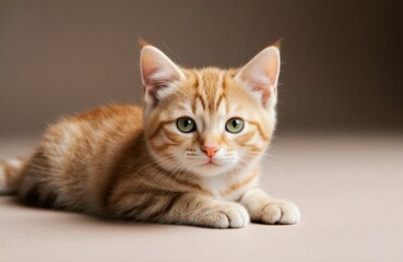 Cute orange tabby kitten lying on a neutral surface with a soft background