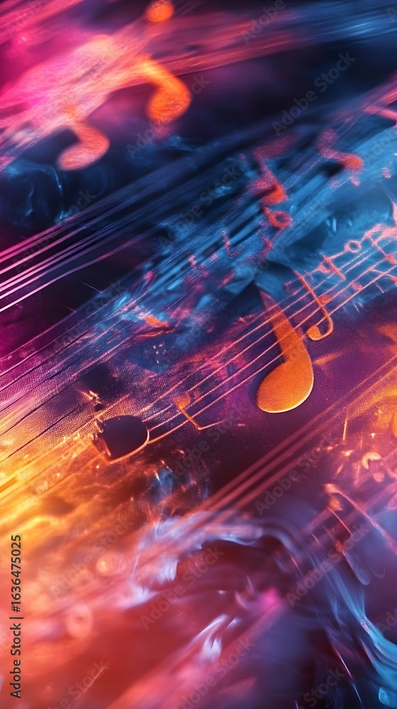 Poster abstract sound vibrations with colorful patterns and music note overlays