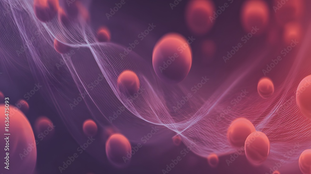 Poster abstract design with red spheres and flowing lines.