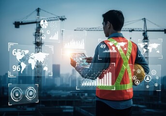 Construction Worker Analyzing Data with Augmented Reality on a Building Site with Cranes and Cityscape Background