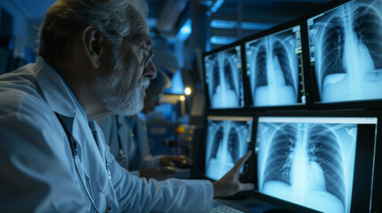Senior male doctor in surgical cap reviewing chest x-rays on digital monitors