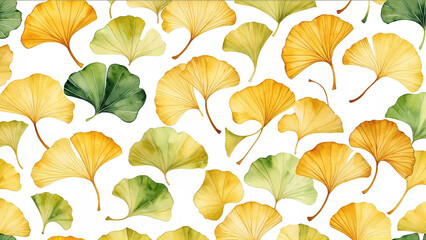 Ginkgo Leaves in Green and Gold Watercolor Pattern