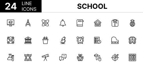 Collection of 24 School line icons featuring editable strokes. These outline icons depict various modes of School, Study, Education, Back to School, Icon, Book, Classroom, Diploma, Learning,