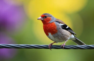 A colorful male chaffinch perched on a wire with a blurred natural background